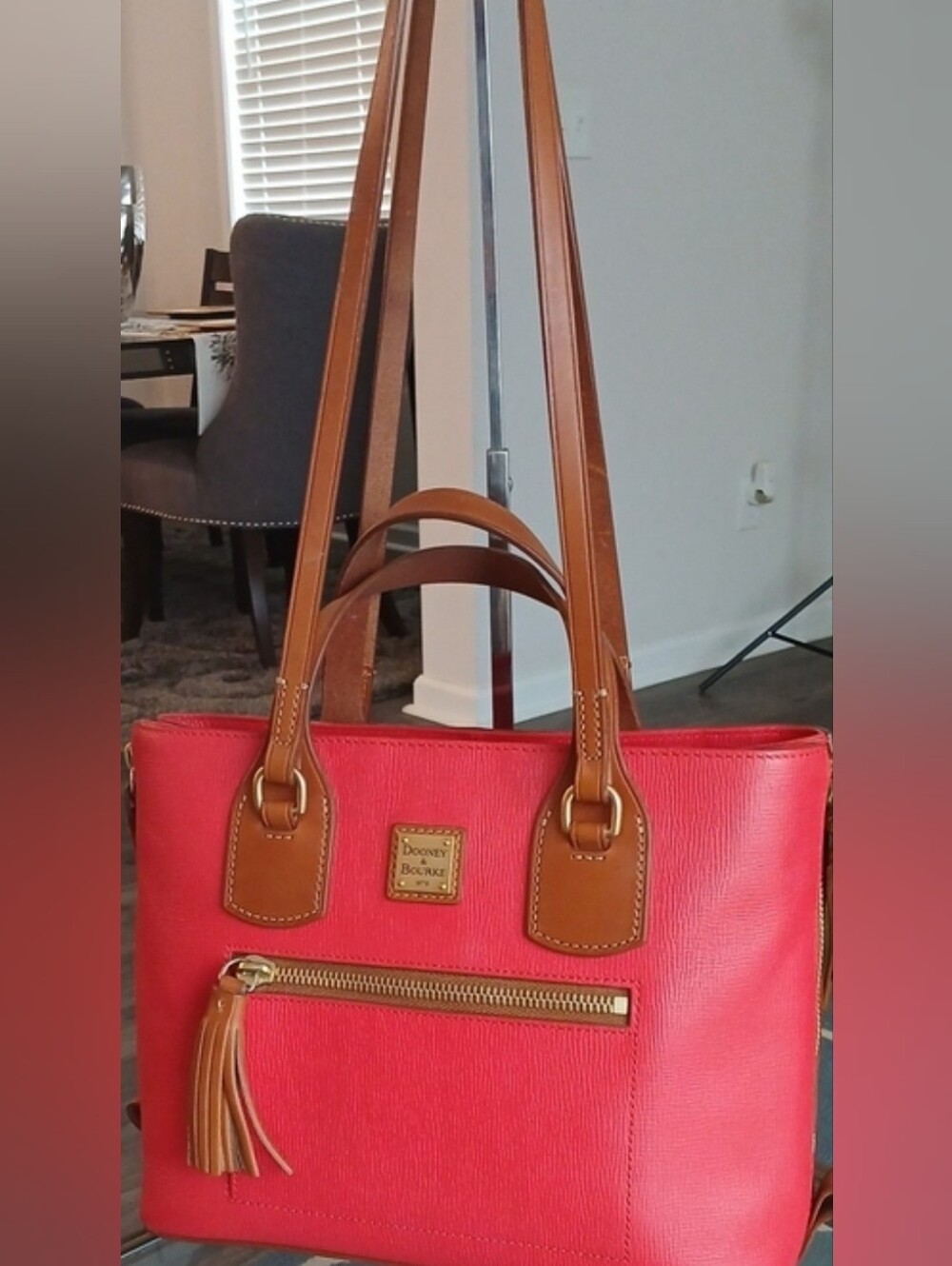 Dooney & Bourke Red Shoulder Bag with Tan Leather Trim